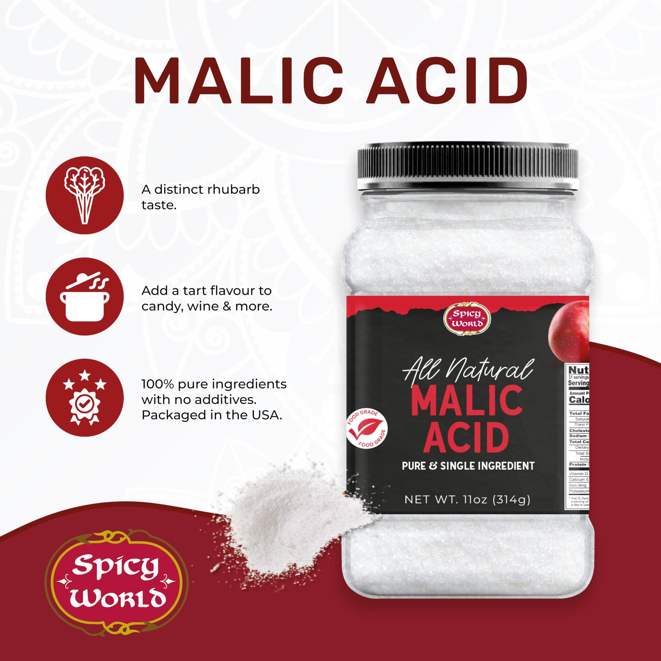 Measuring spoon with Spicy World malic acid powder for precise recipes.