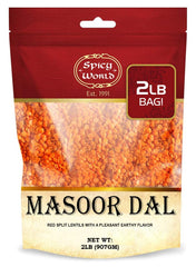 Spicy World Masoor Dal 2lb bag on shelf highlights convenient pantry staple.