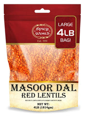 Spicy World Masoor Dal 4lb bag front showing resealable packaging for easy storage.