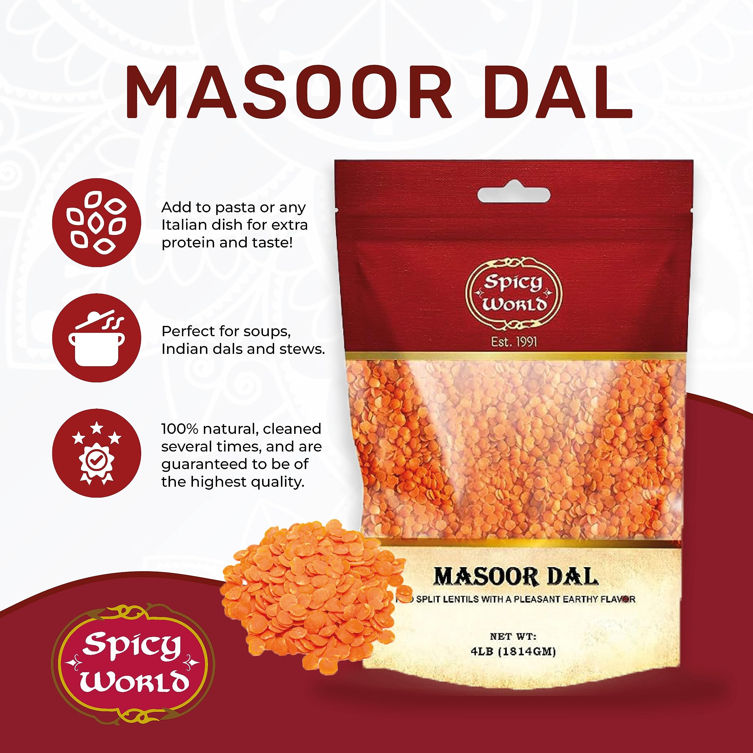 Spicy World Masoor Dal bag back with nutritional info for informed choices.