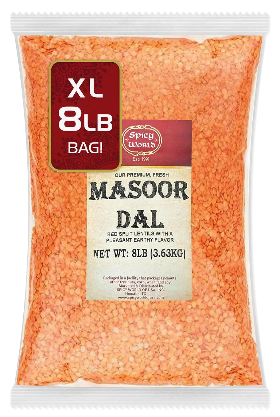 Spicy World Masoor Dal bag sealed for 8 lb value, convenient pantry storage.