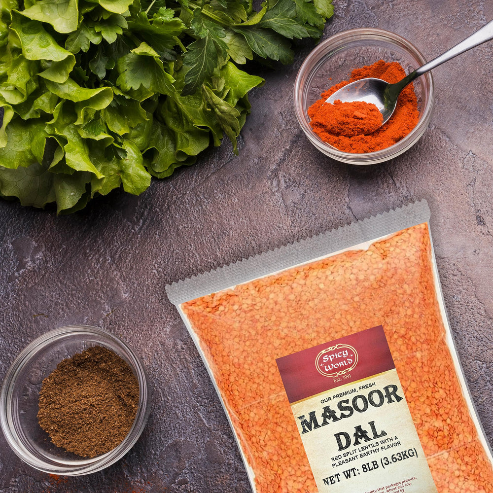 Spicy World Masoor Dal nutrition label highlights vitamins and minerals.
