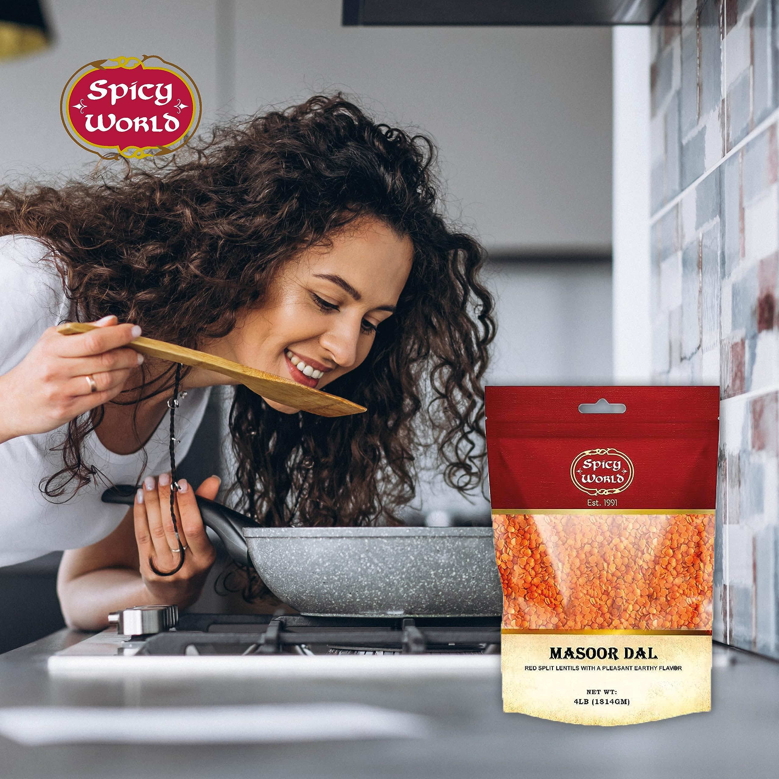 Spicy World Masoor Dal ready-to-cook prep on kitchen counter.