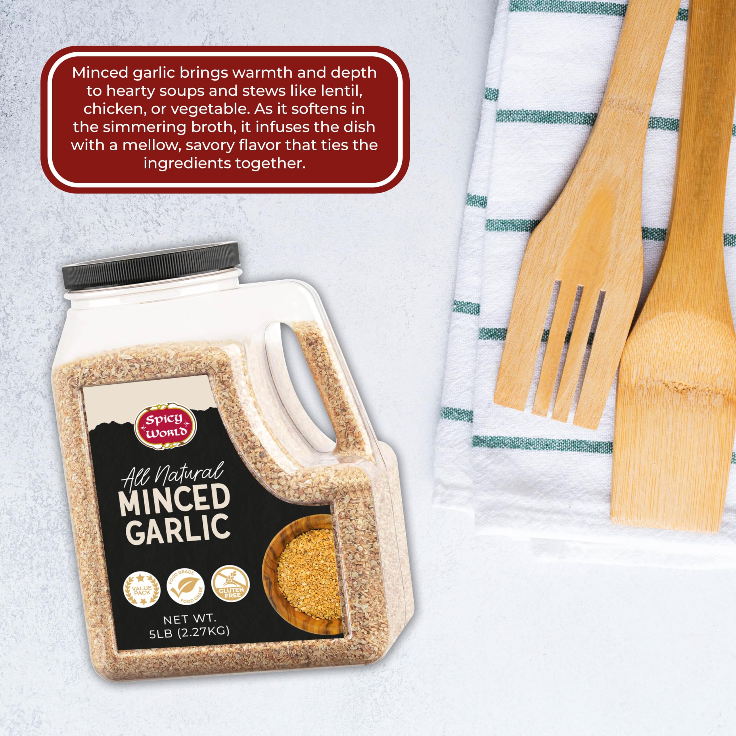 Spicy World minced garlic stored safely in pantry for easy access.