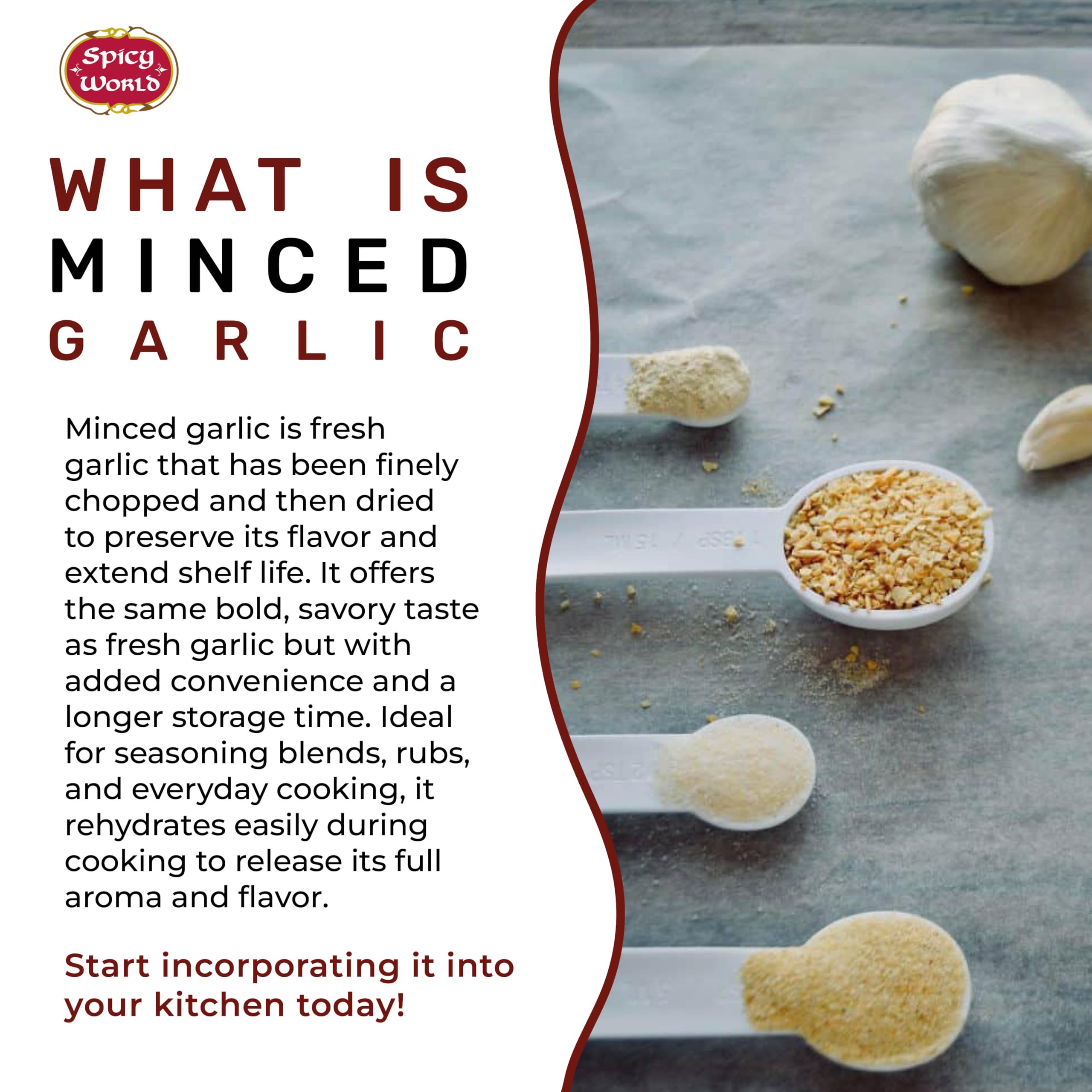 Spicy World minced garlic rehydrates quickly during stir-fries and sauces.