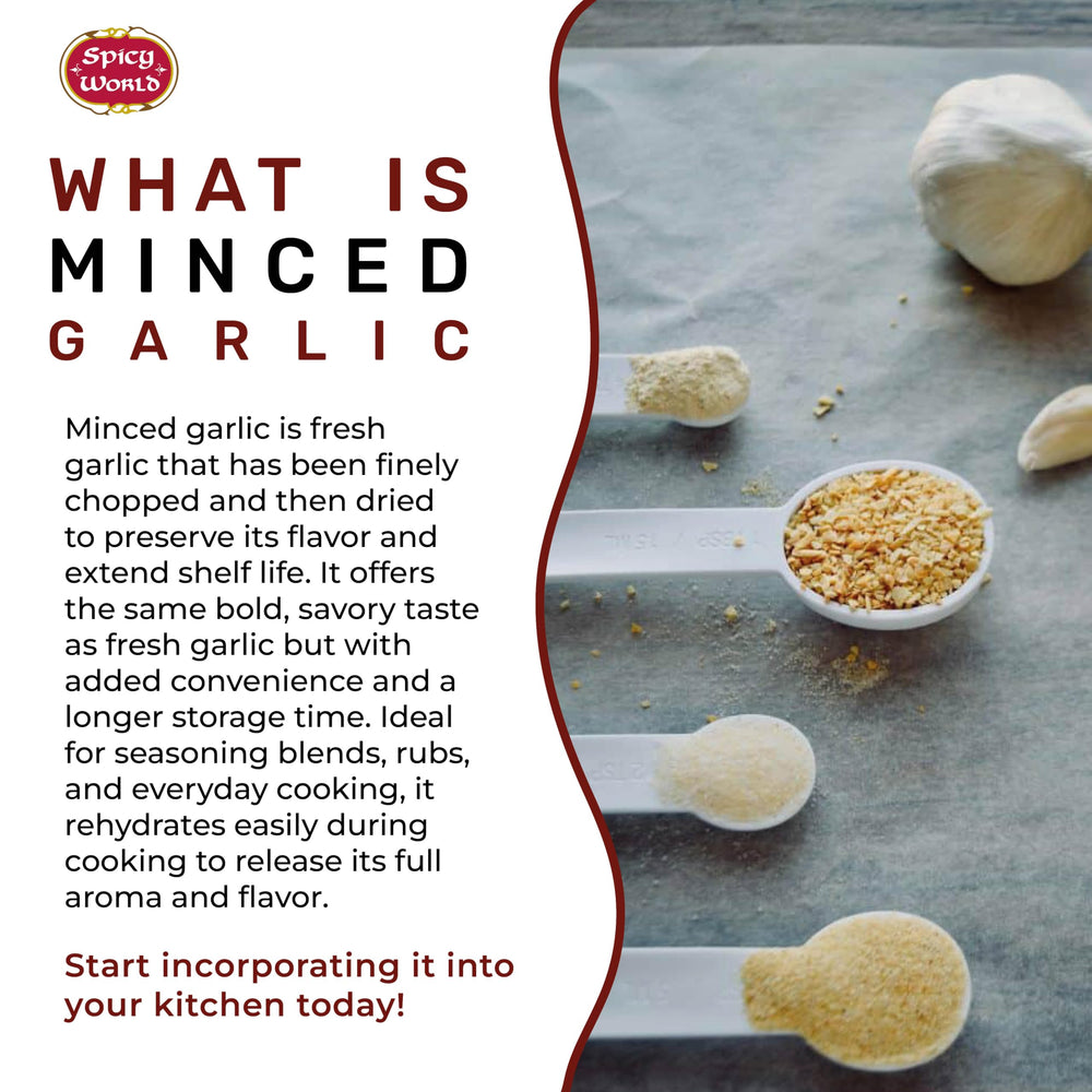 Spicy World minced garlic rehydrates quickly during stir-fries and sauces.