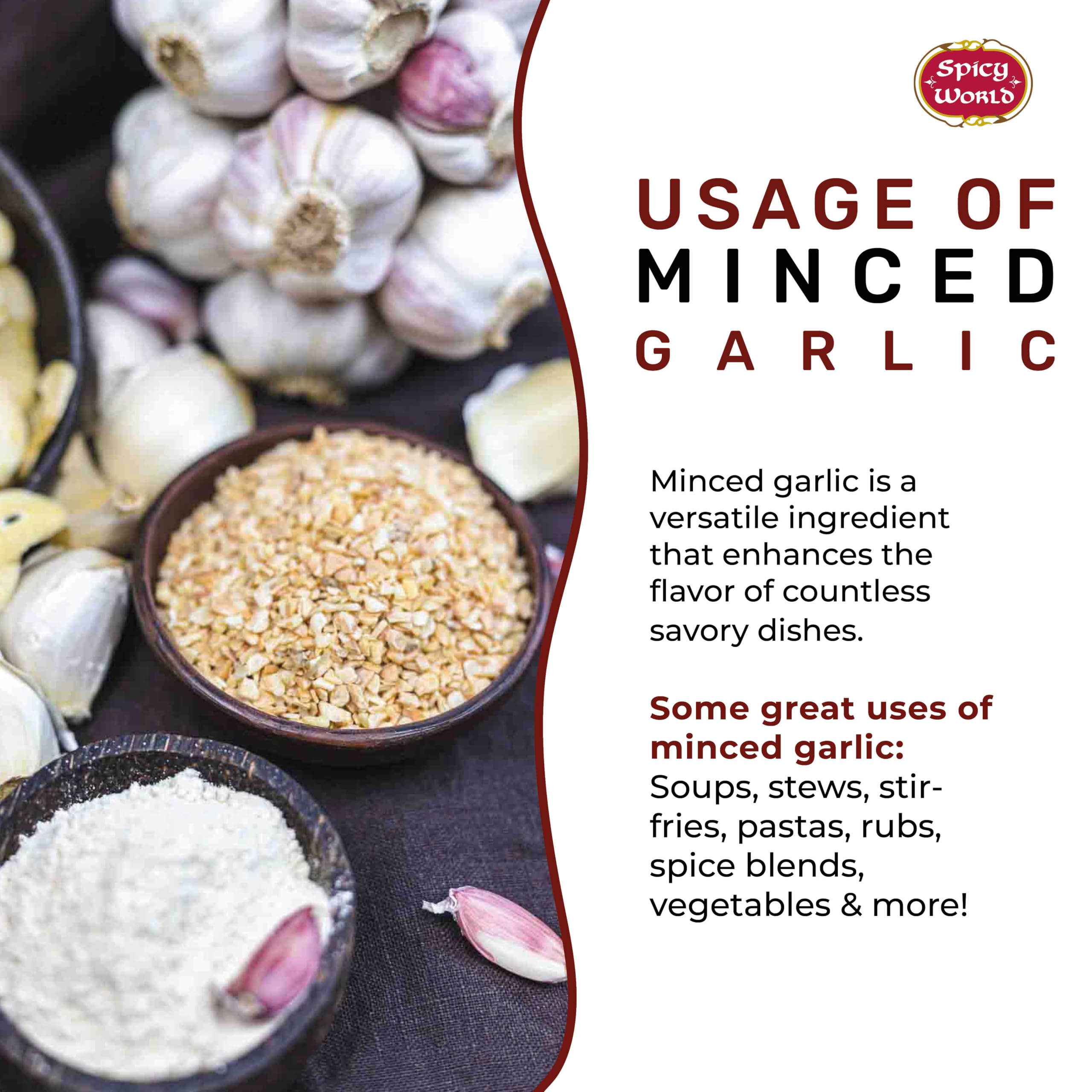 Spicy World minced garlic in a pan enhancing a savory skillet dish.