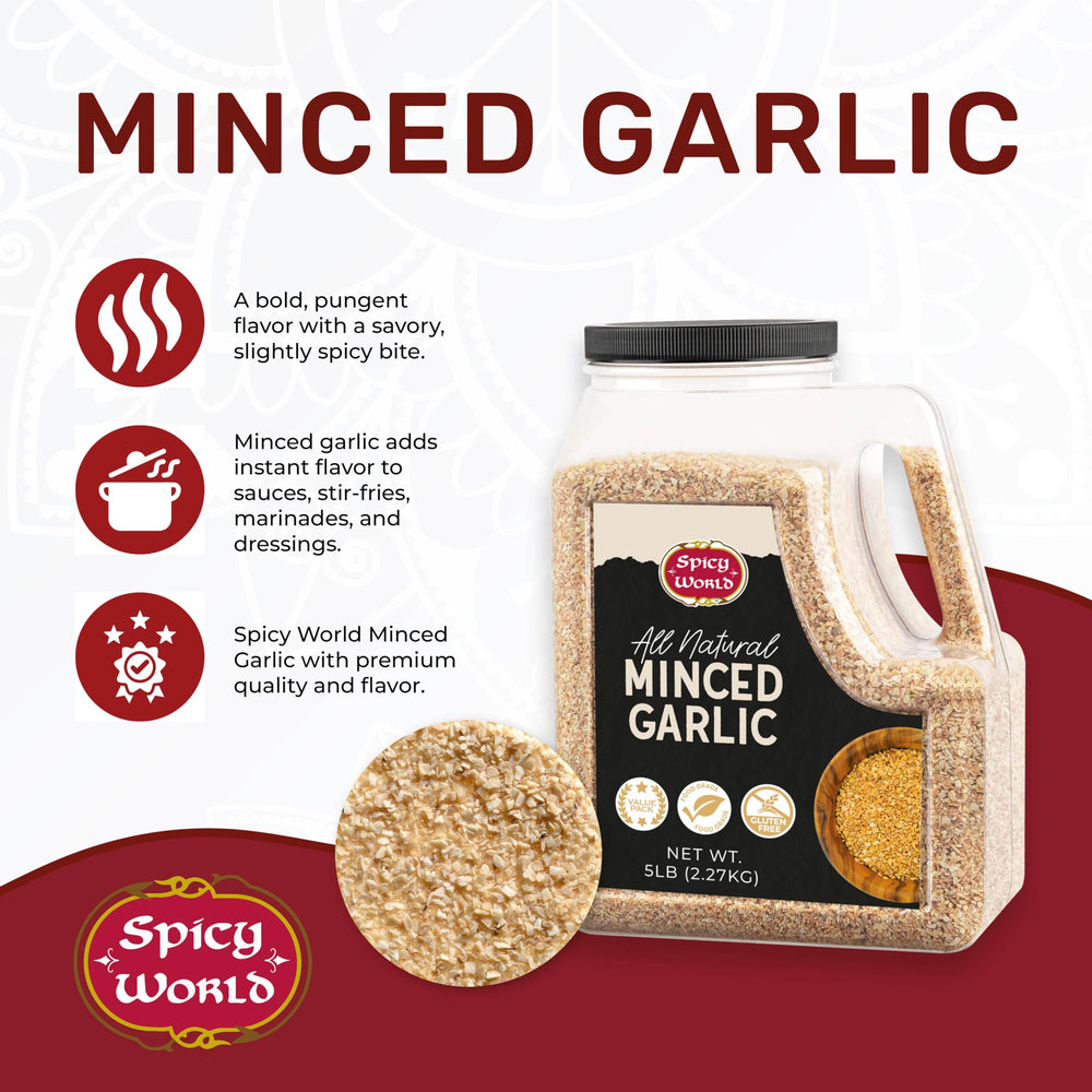 Spicy World minced garlic texture close-up shows dehydrated flakes.