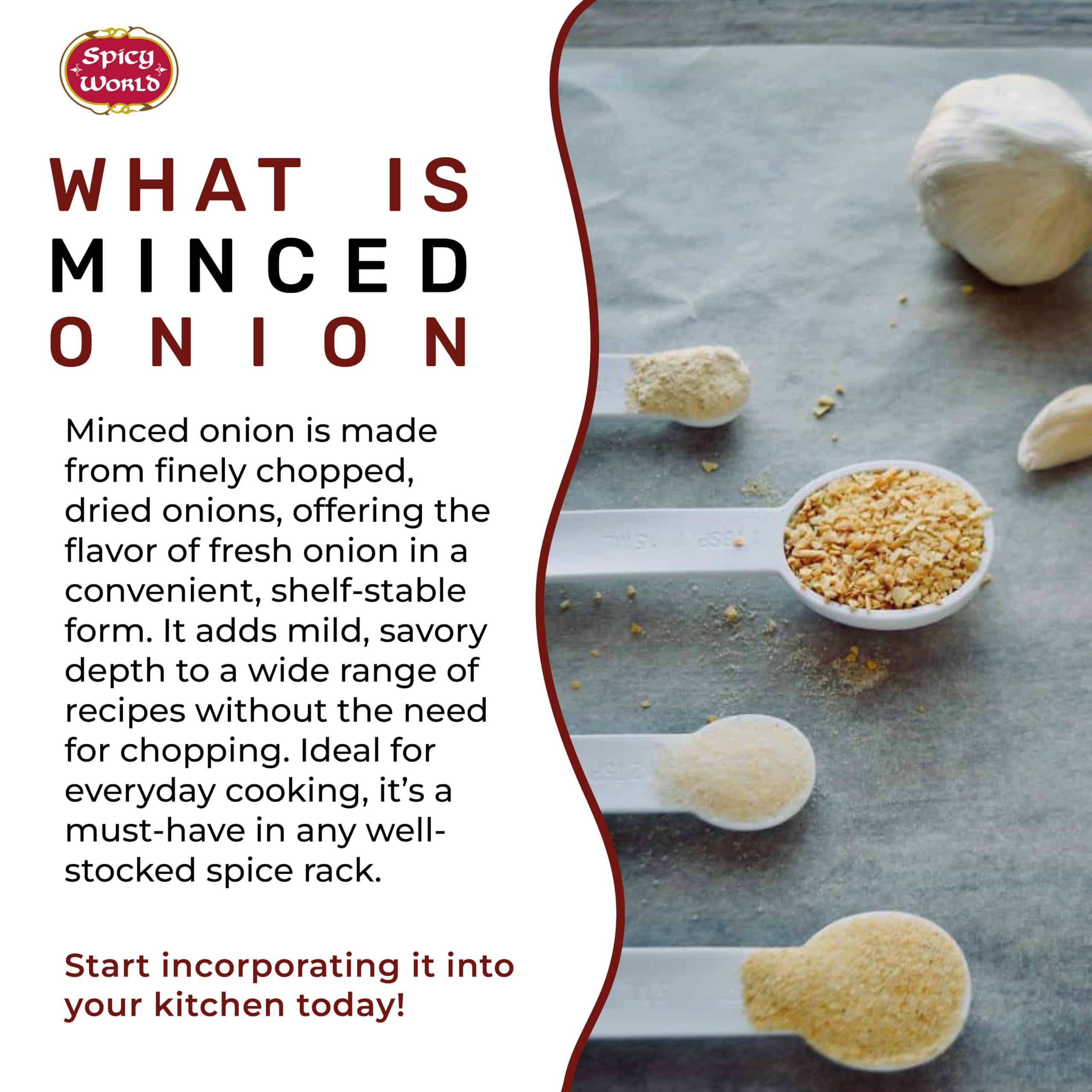 Spicy World minced onion label highlights non-GMO and gluten-free attributes.