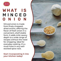 Spicy World minced onion label highlights non-GMO and gluten-free attributes.
