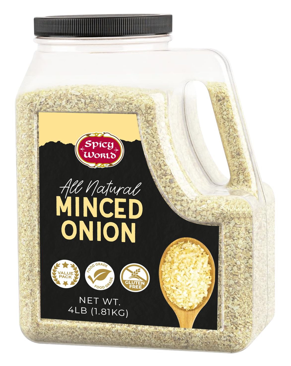 Spicy World minced onion jar 4lb on shelf enhances soups and stews with rich aroma.