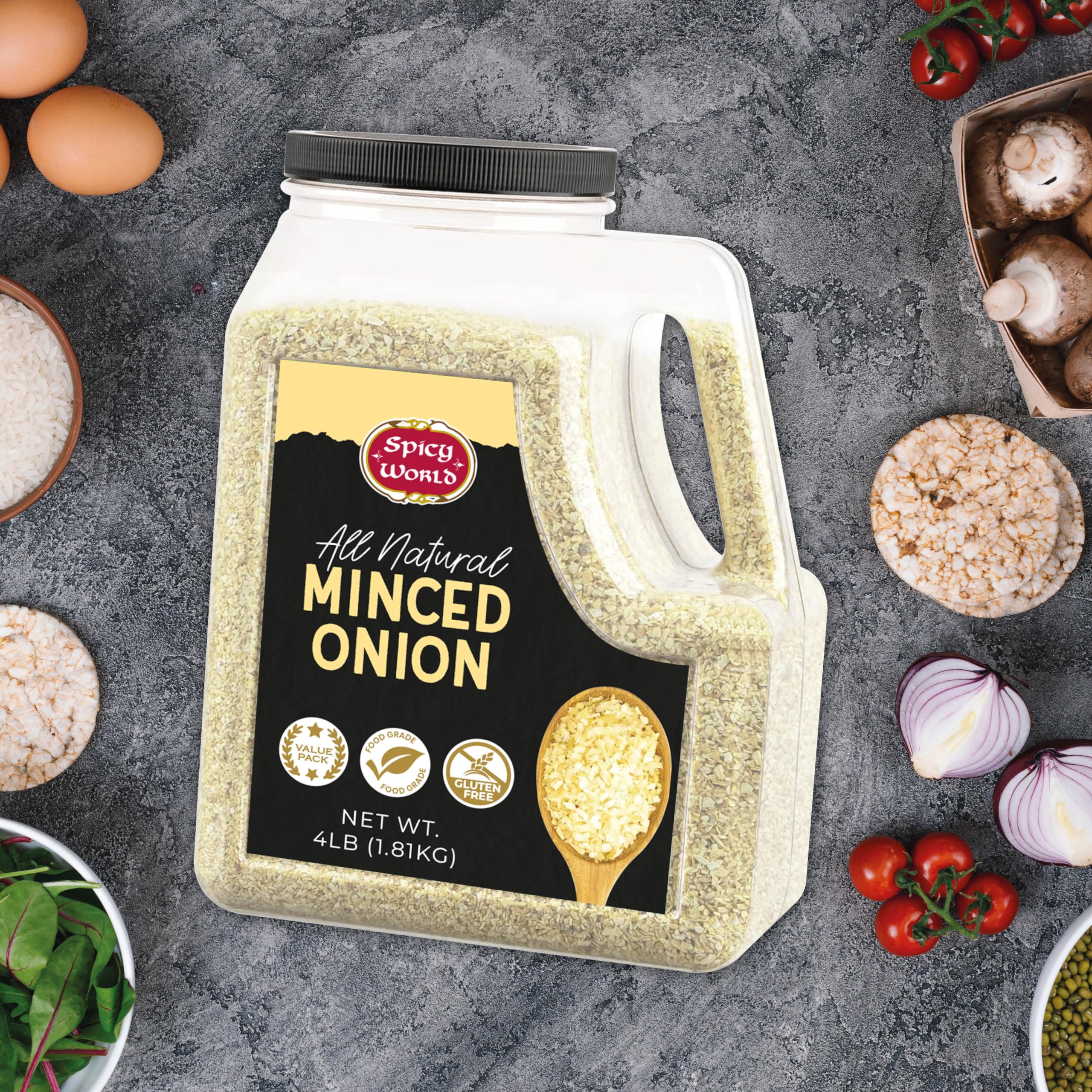 Spicy World minced onion jar label indicates long shelf life.