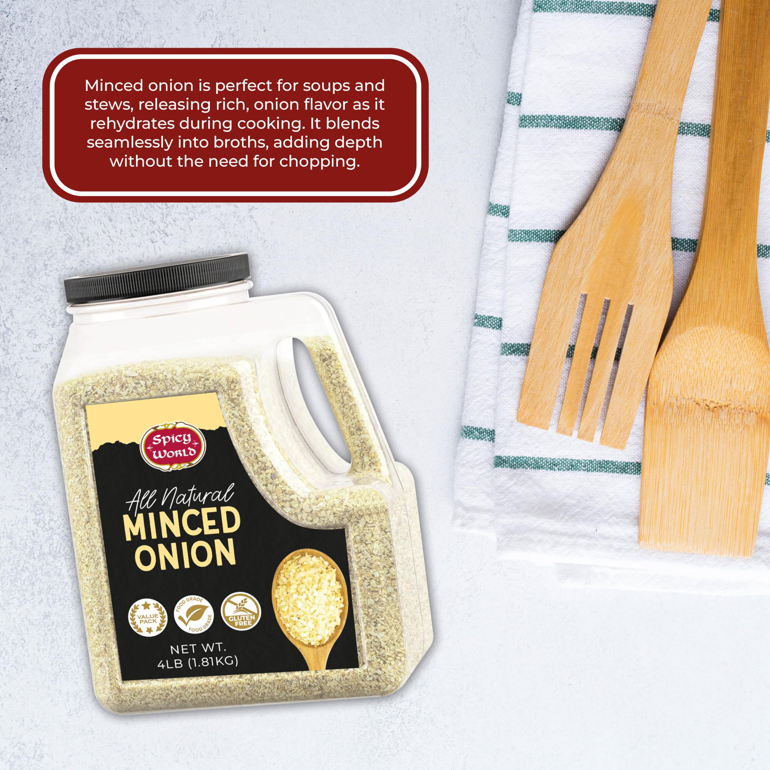 Spicy World minced onion near spices for a fast flavor boost.