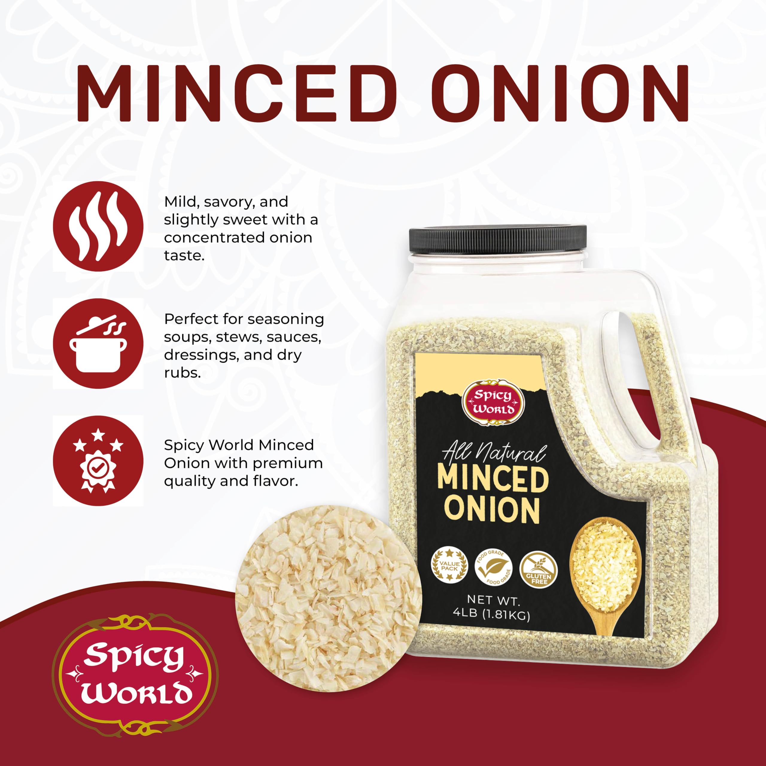 Spicy World minced onion poured into pot for quick savory depth.