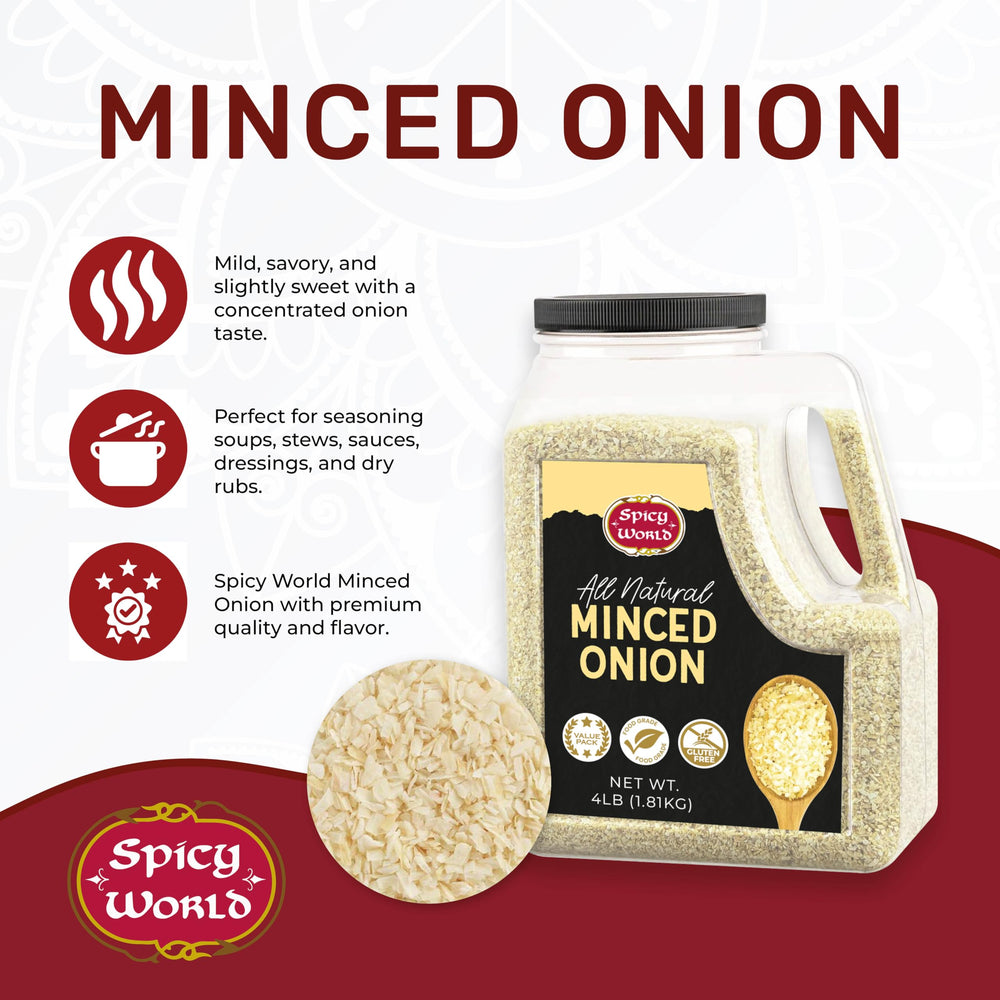 Spicy World minced onion poured into pot for quick savory depth.