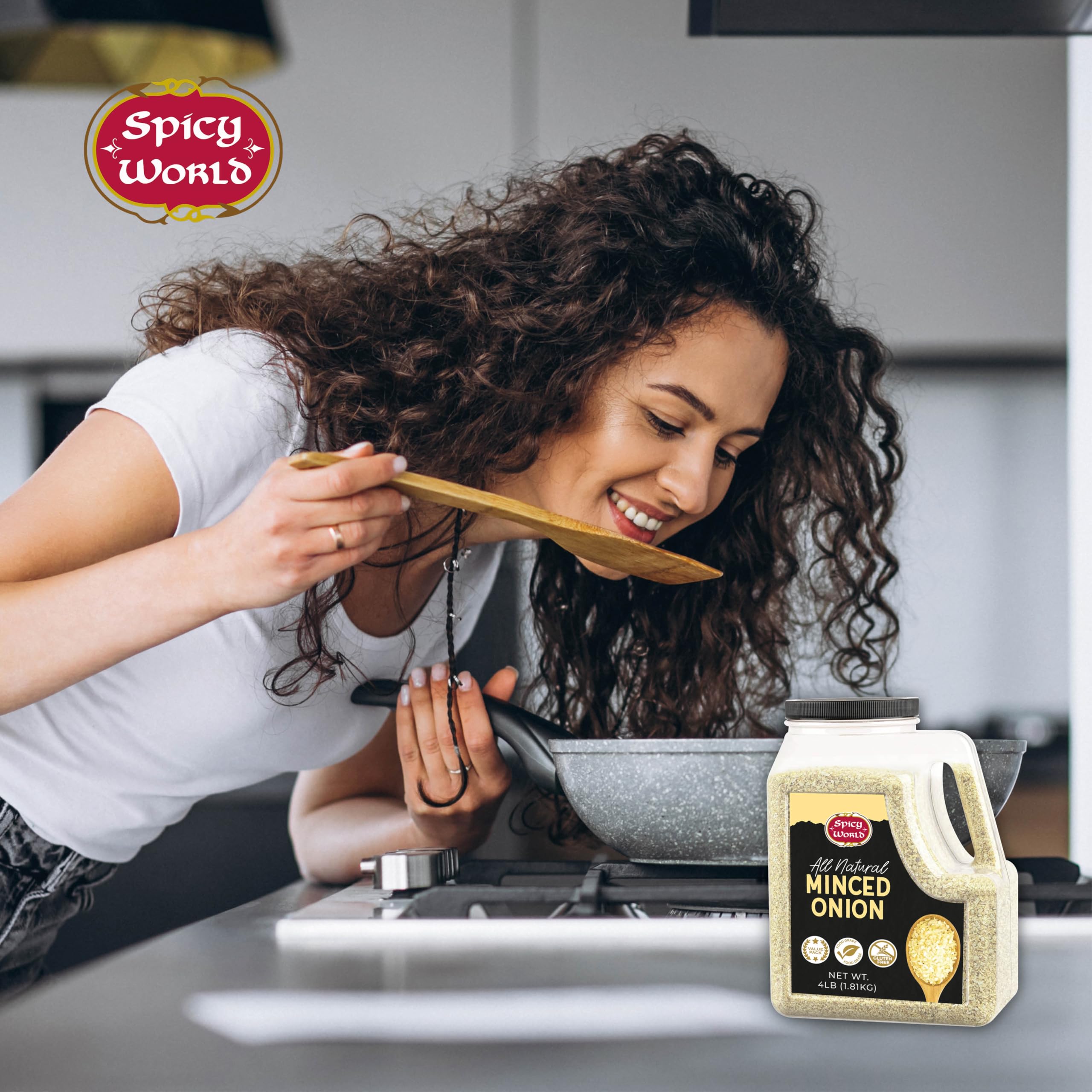 Spicy World minced onion stored in kitchen cabinet for easy access.