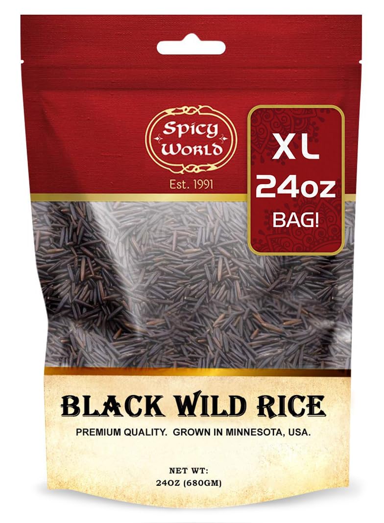 Spicy World Minnesota Grown Black Wild Rice bag showcases premium grains for elegant dishes.