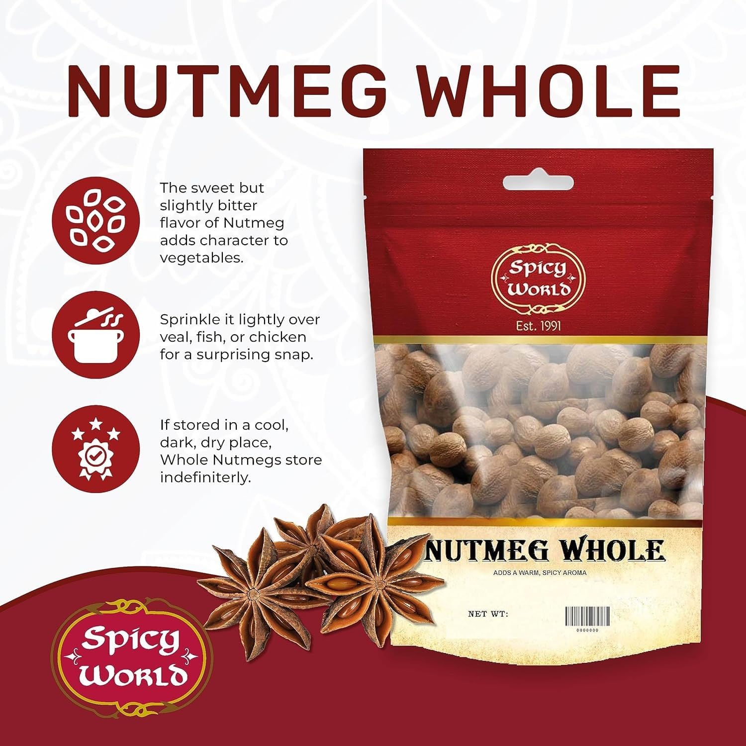 Spicy World Nutmeg 60+ pieces close-up highlights premium whole spice quality.