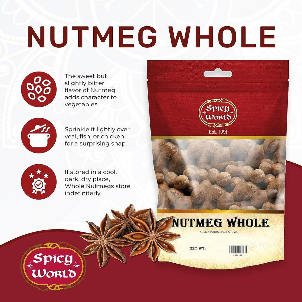 Spicy World Nutmeg 60+ pieces close-up highlights premium whole spice quality.