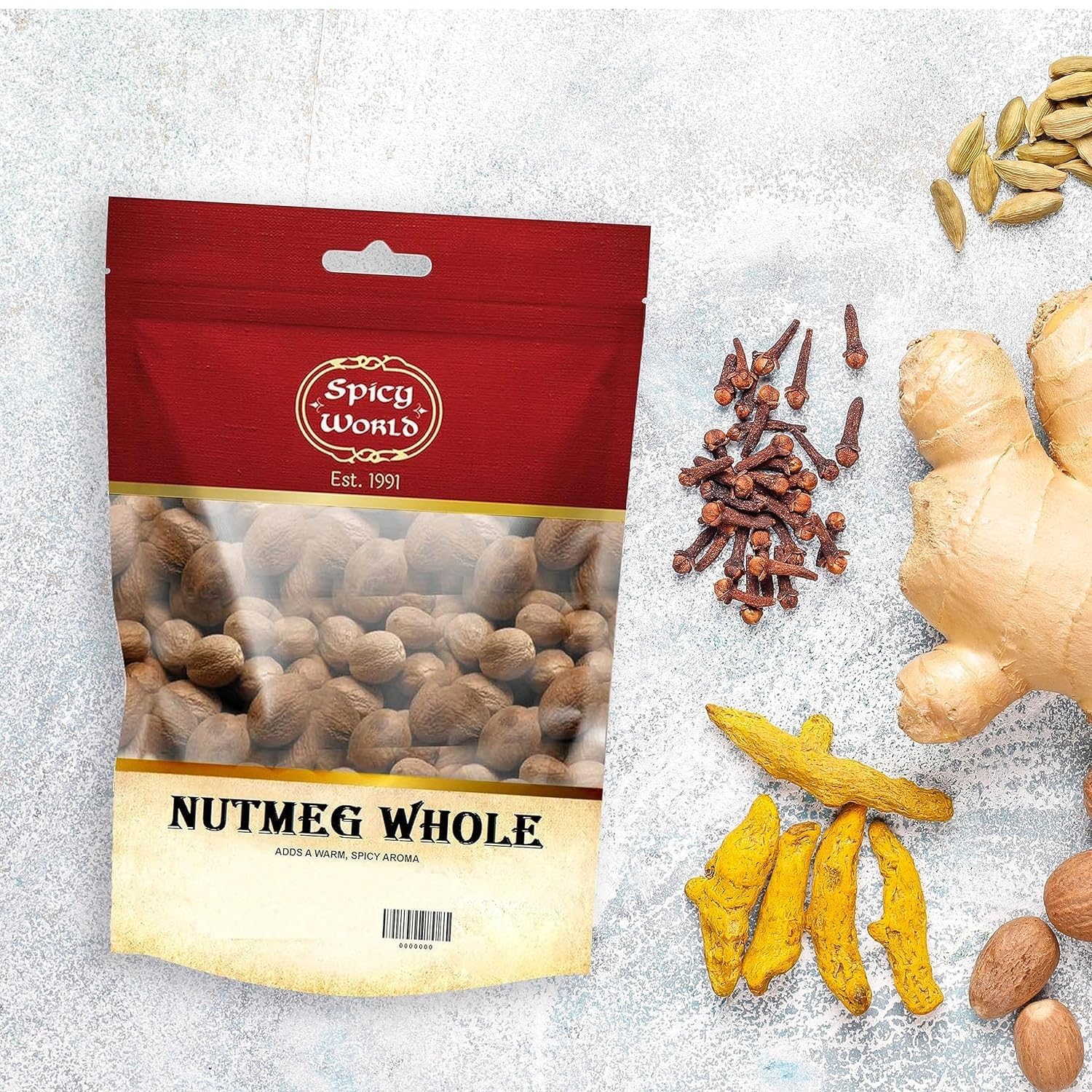 Spicy World Nutmeg Refrigerator Storage image suggests long-lasting freshness.