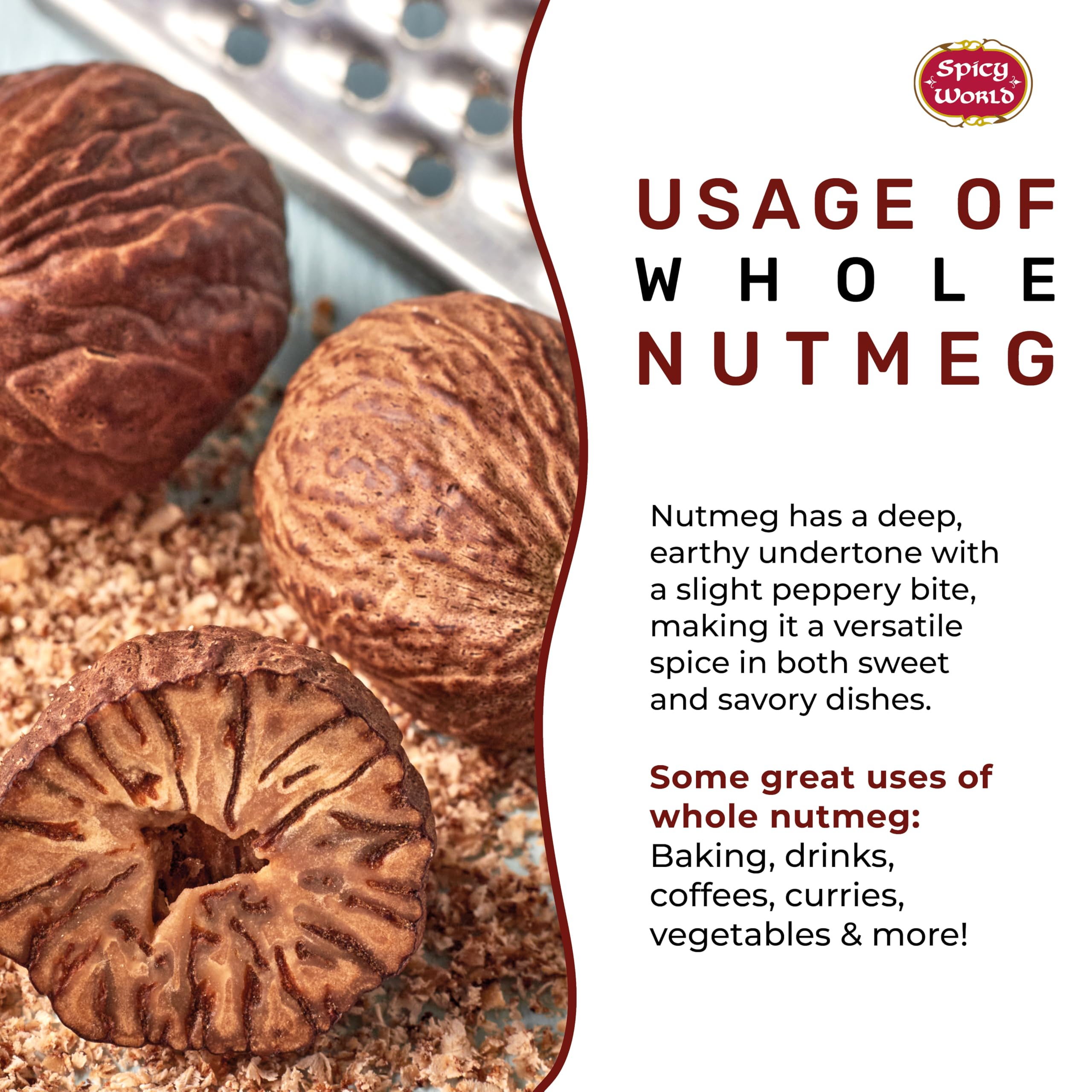 Spicy World Nutmeg Whole back-label shows ingredients and authenticity for informed use.