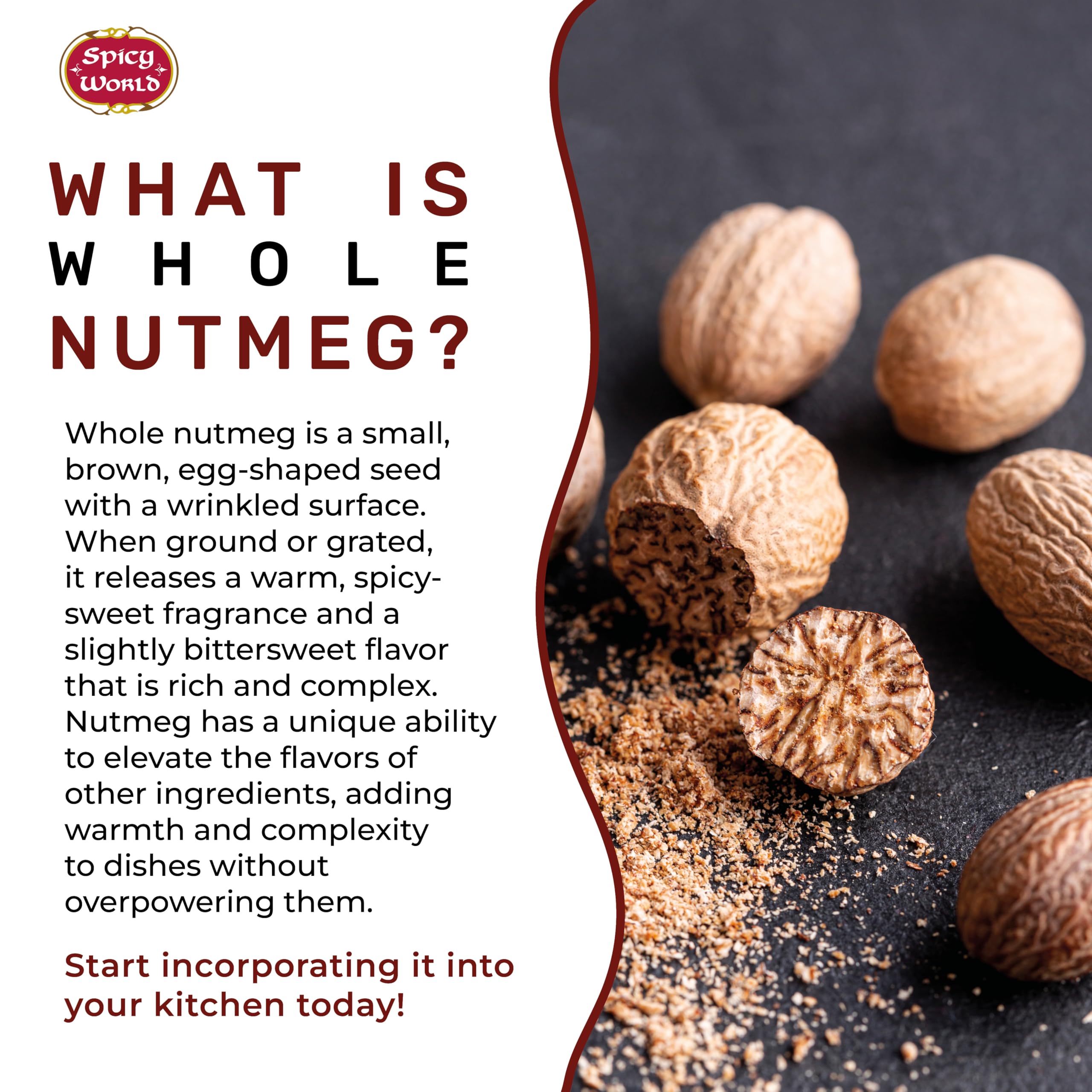 Spicy World Nutmeg Whole closeup reveals warm kernels ready to season recipes.