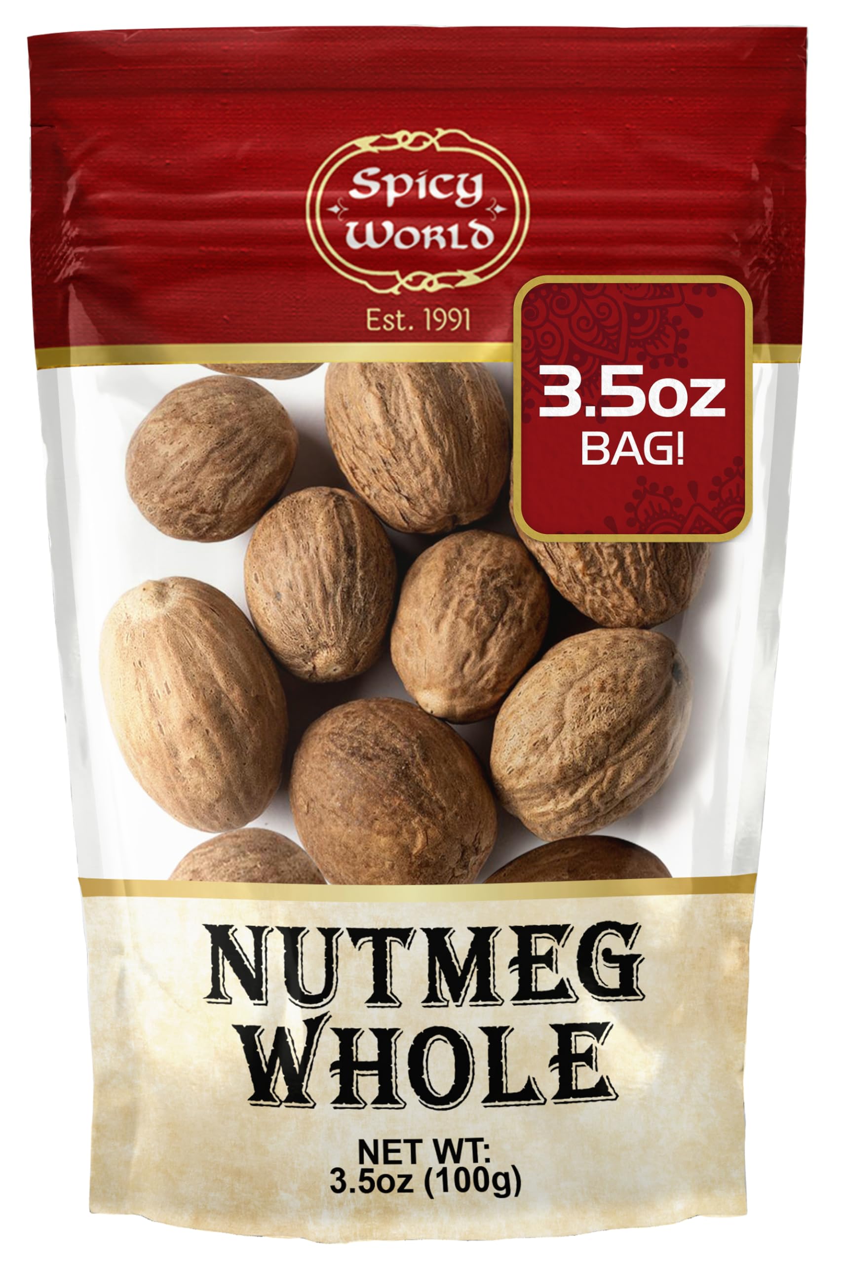 Spicy World Nutmeg Whole jar front shows premium Indonesian spice for rich baking aroma.