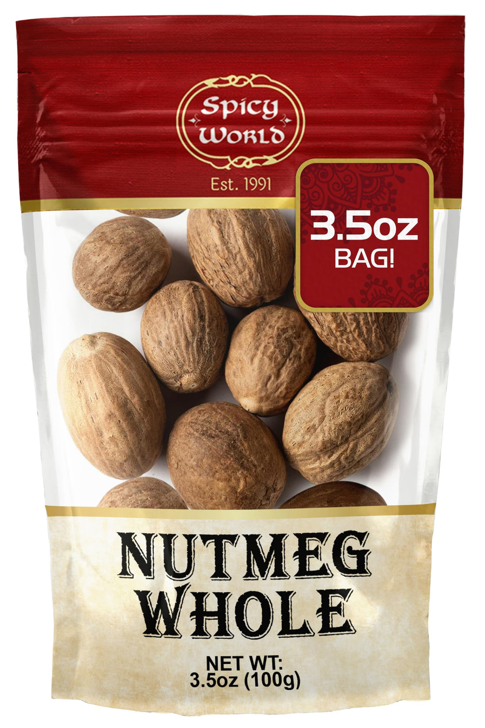 Spicy World Nutmeg Whole jar front shows premium Indonesian spice for rich baking aroma.