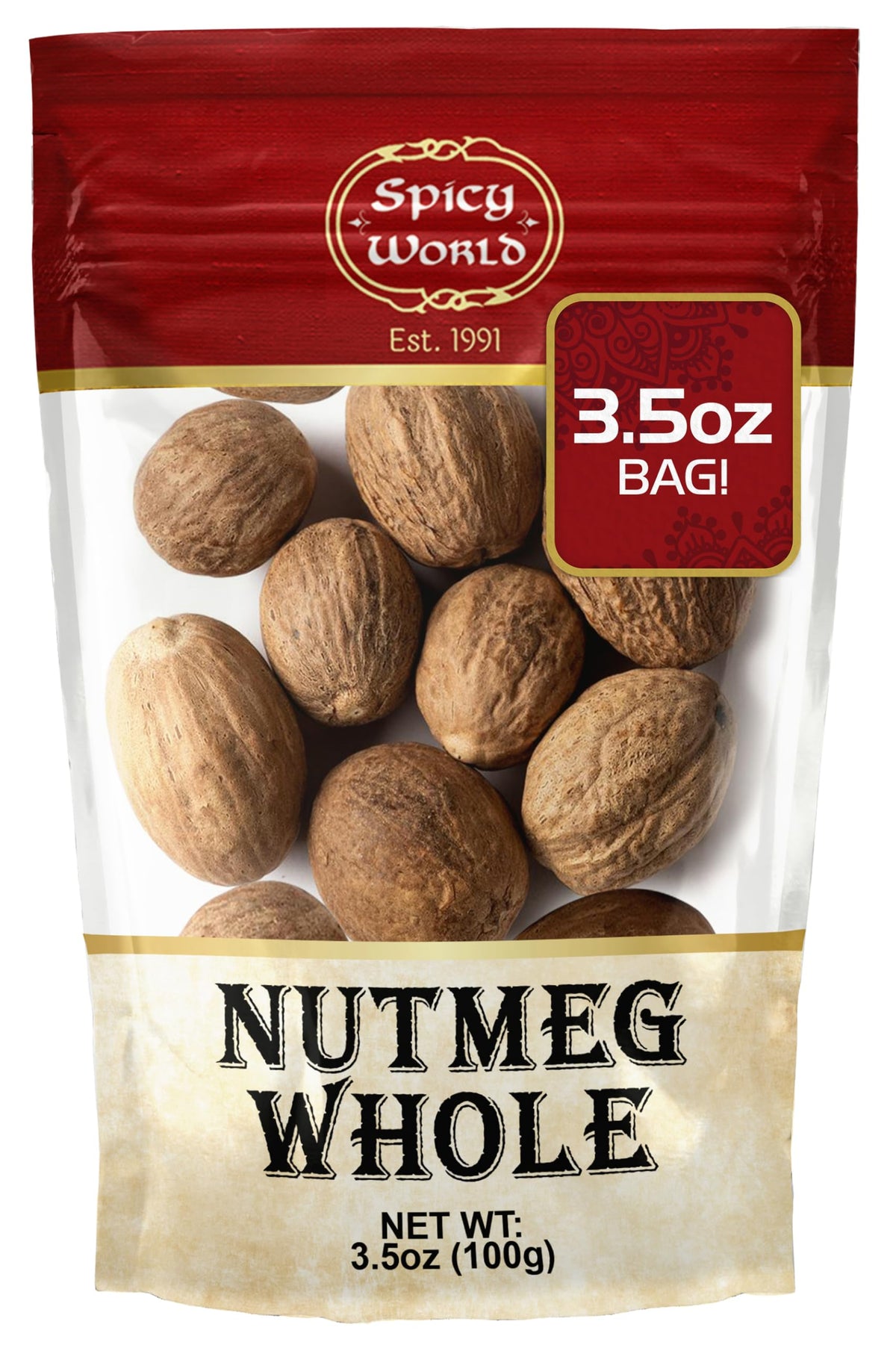 Spicy World Nutmeg Whole jar front shows premium Indonesian spice for rich baking aroma.