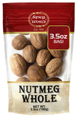 Spicy World Nutmeg Whole jar front shows premium Indonesian spice for rich baking aroma.