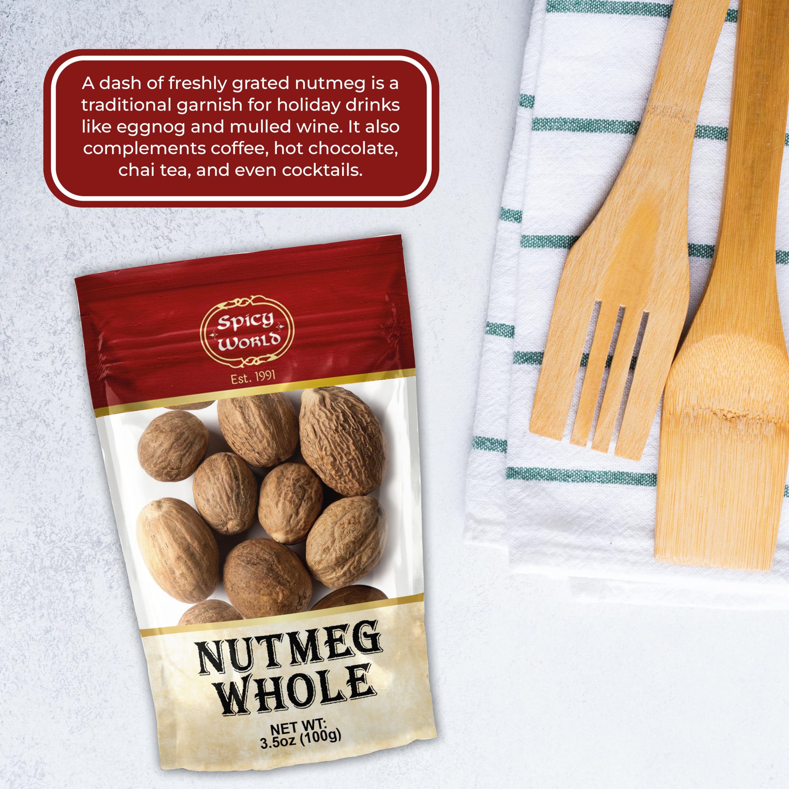 Spicy World Nutmeg Whole jar open emphasizes fresh surface and inviting scent.