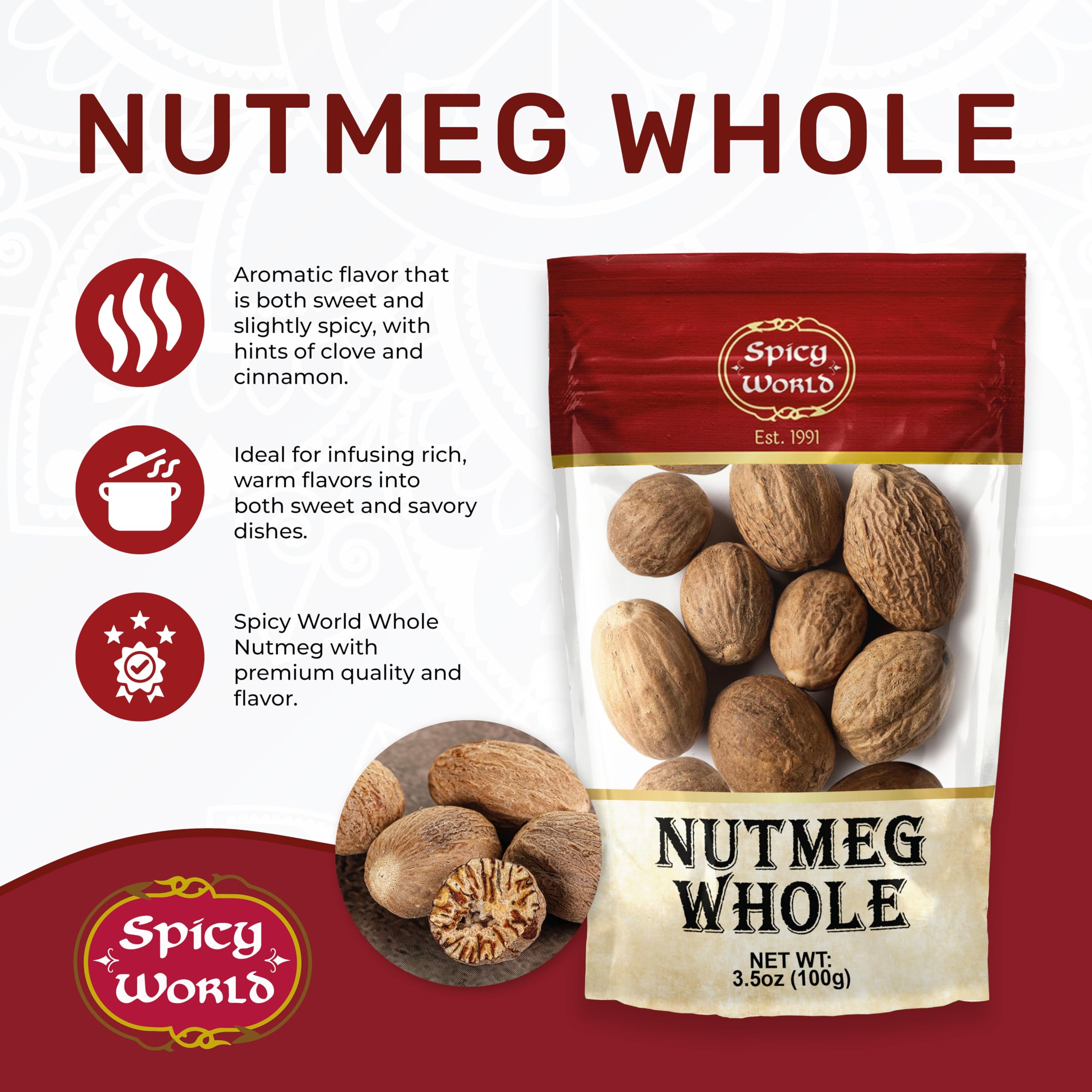 Spicy World Nutmeg Whole jar top view highlights clean packaging for home cooks.