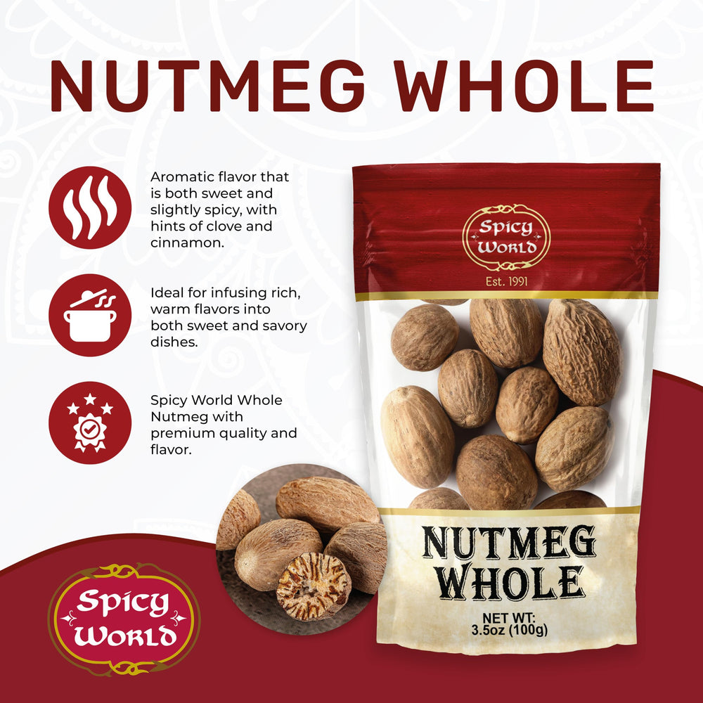 Spicy World Nutmeg Whole jar top view highlights clean packaging for home cooks.
