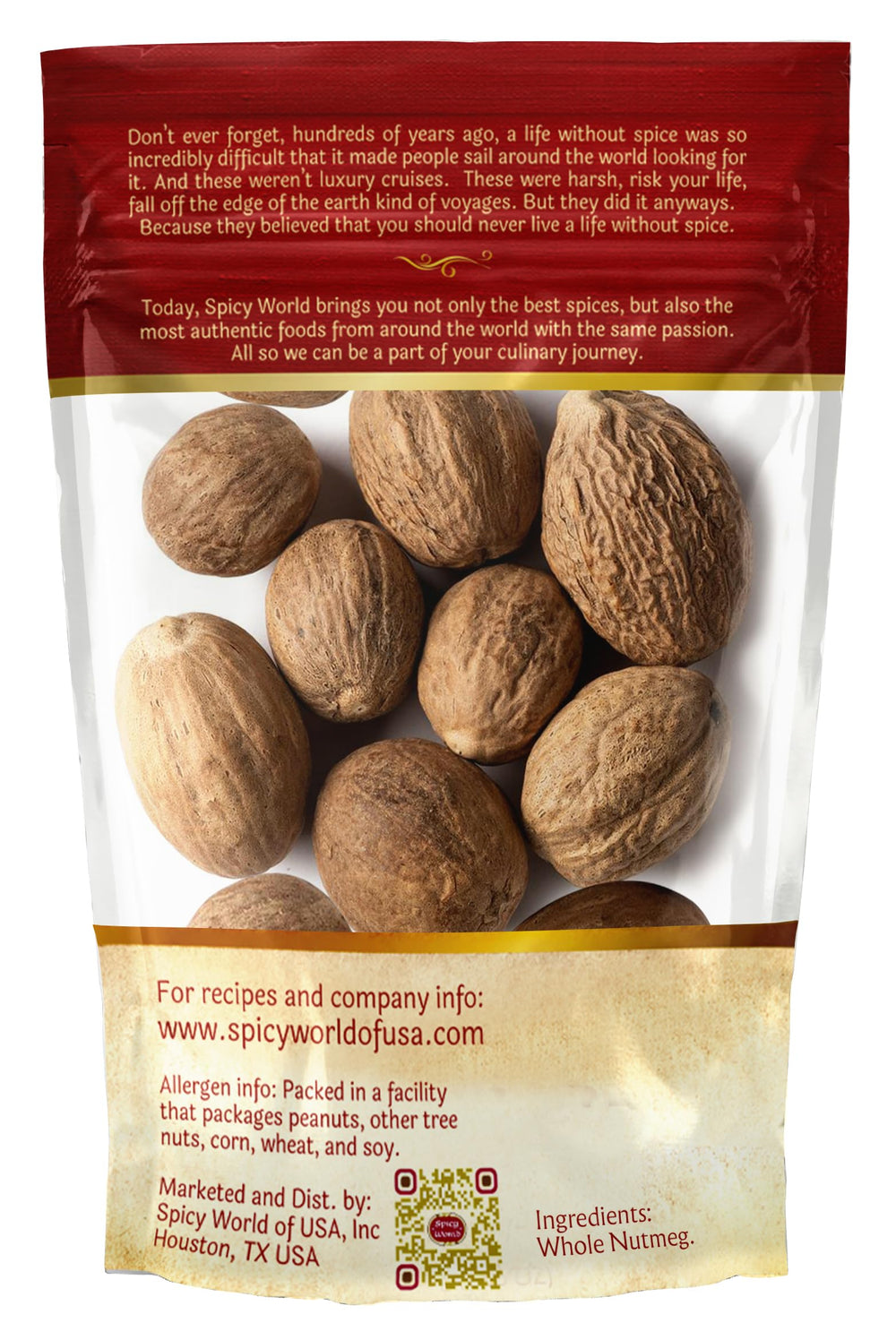 Spicy World Nutmeg Whole packaging on counter highlights 100g convenience.