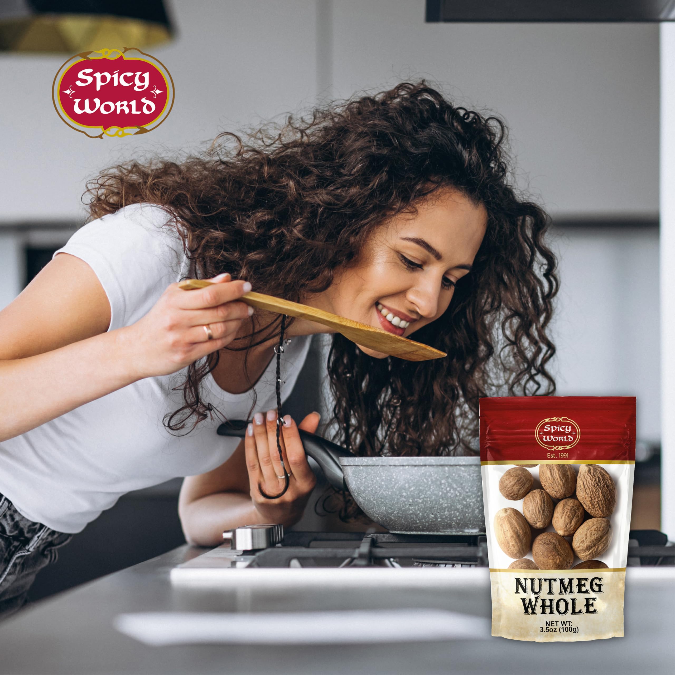Spicy World Nutmeg Whole on spice shelf signals convenient kitchen staple.