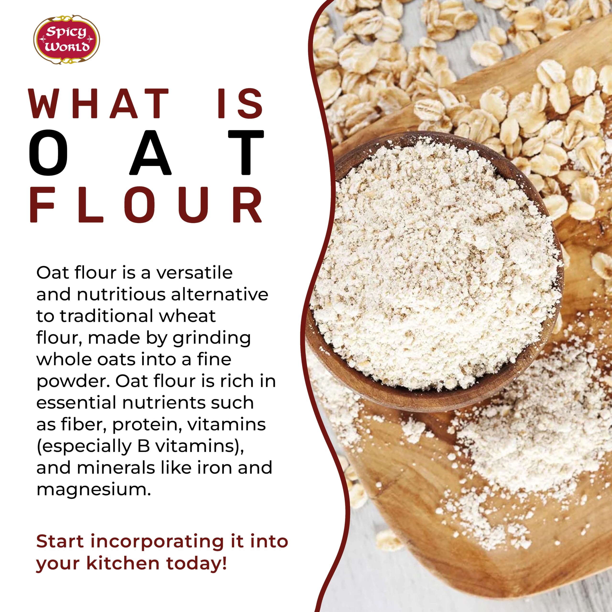 Spicy World Oat Flour close-up reveals whole grain texture and natural color