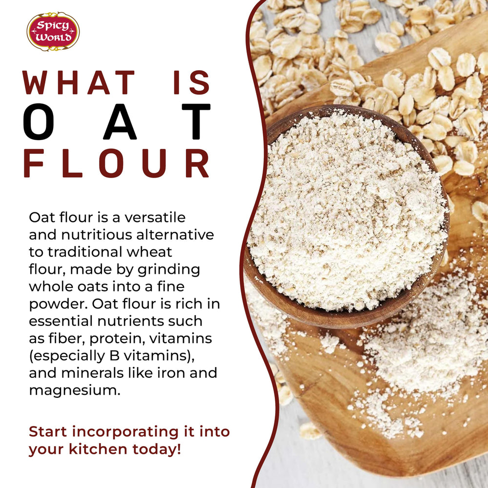 Spicy World Oat Flour close-up reveals whole grain texture and natural color
