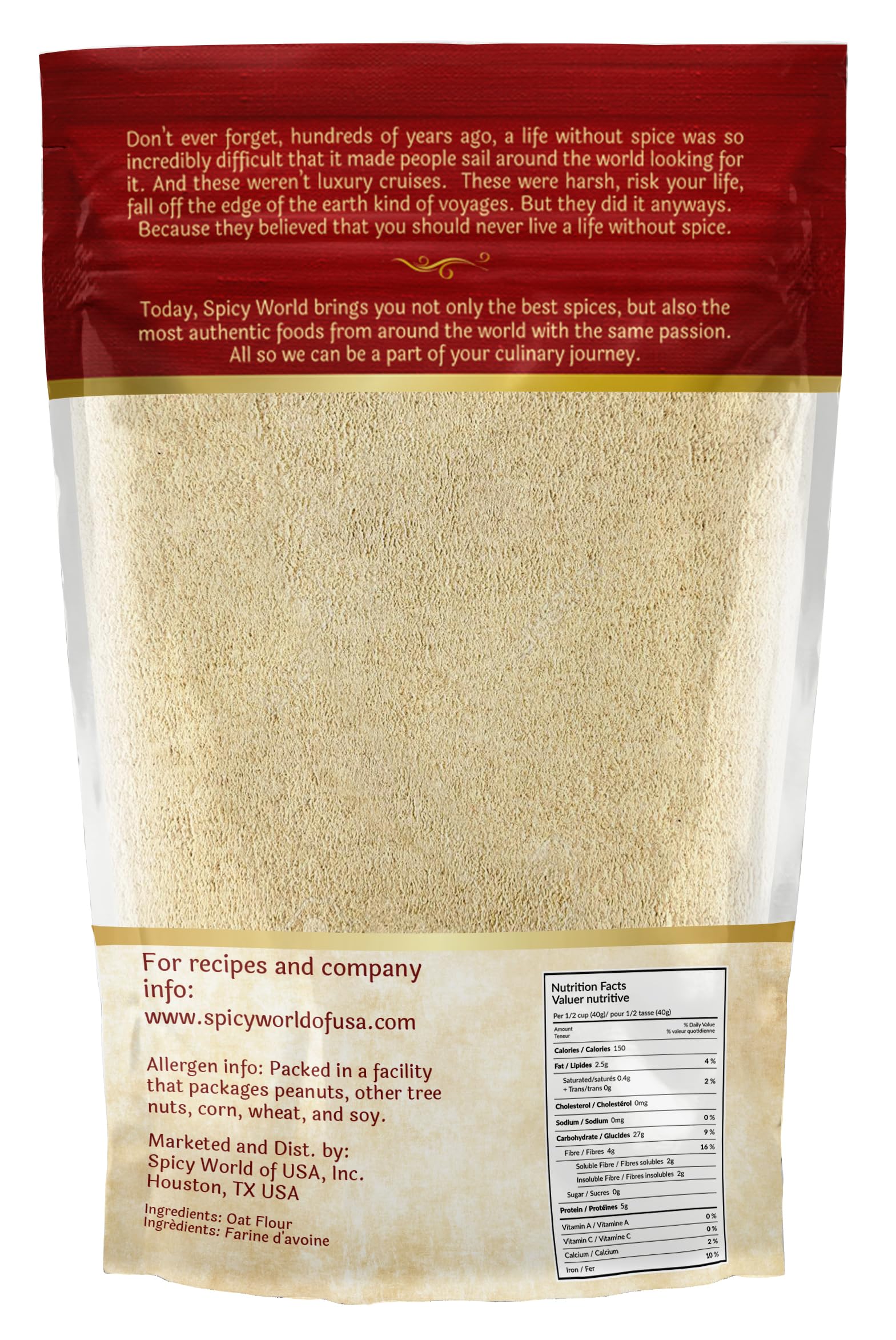 Spicy World Oat Flour measuring cup showing precise portions for baking