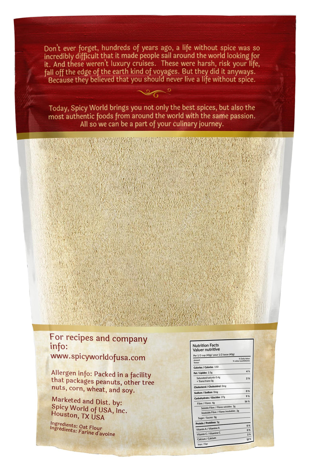 Spicy World Oat Flour measuring cup showing precise portions for baking