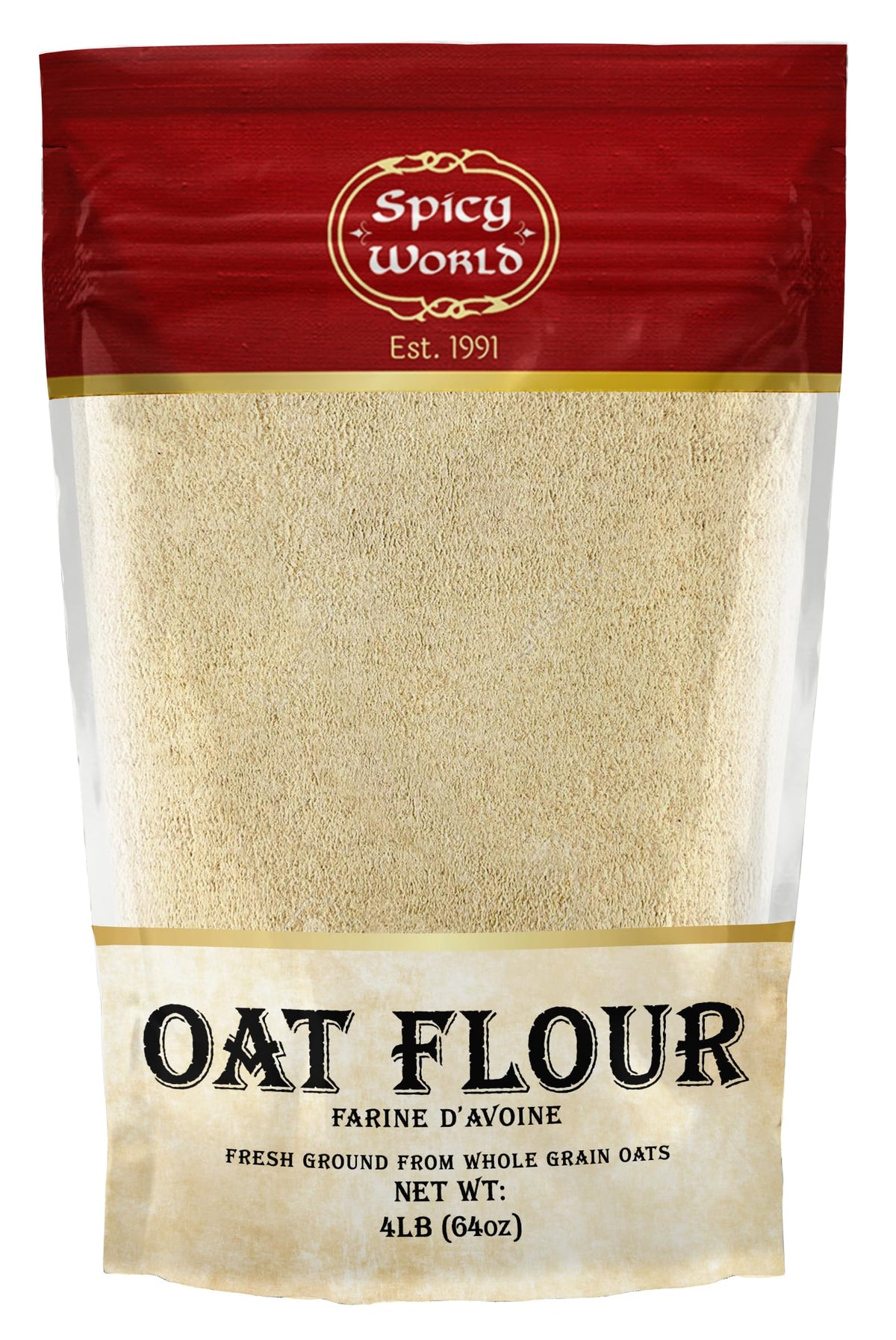Spicy World Oat Flour Whole Grain 4-Pound Bag packaging for baking