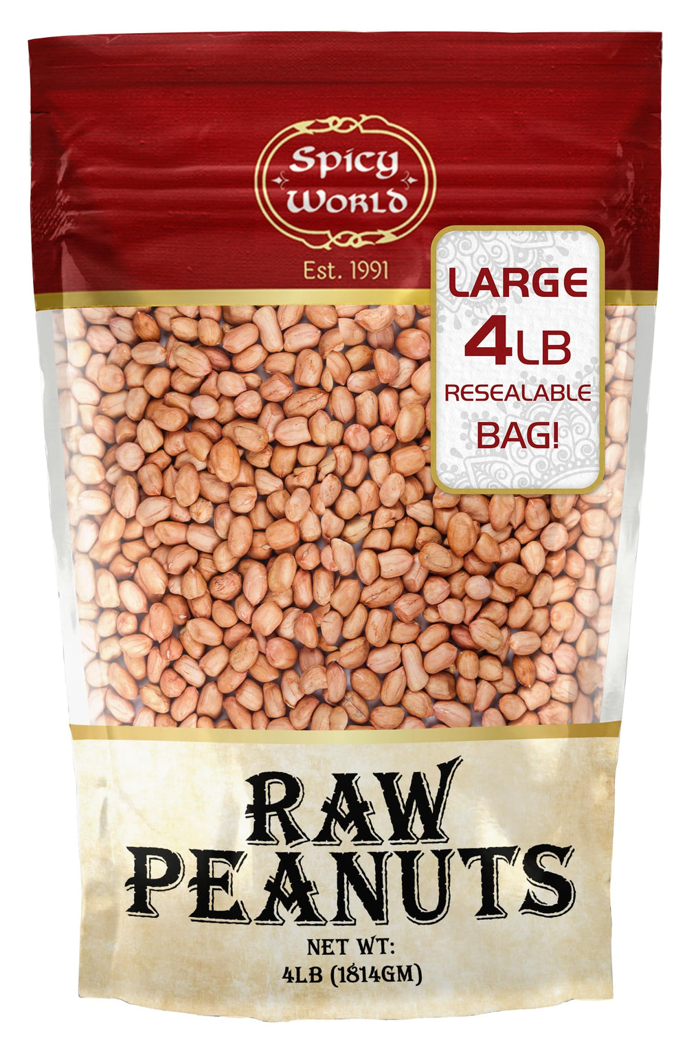 Spicy World raw peanuts with skin in a 4 lb bag for roasting.