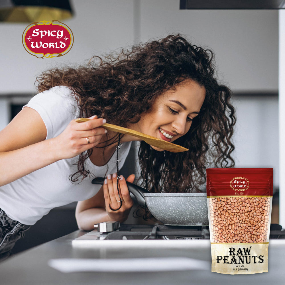 Spicy World unsalted raw peanuts with skins for custom seasoning.