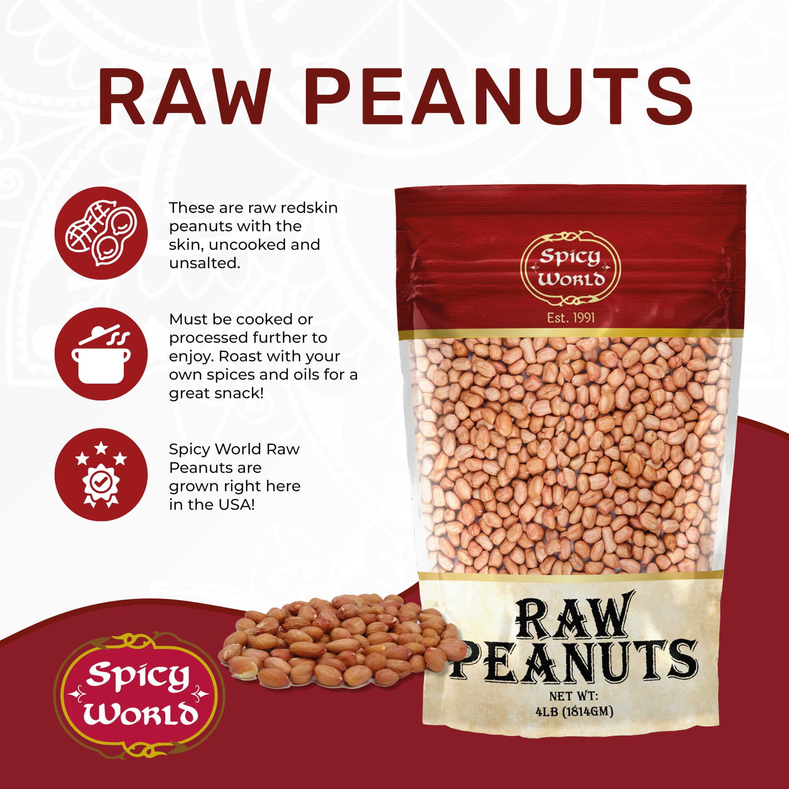 Spicy World USA-grown redskin peanuts close-up for boiling Southern style.