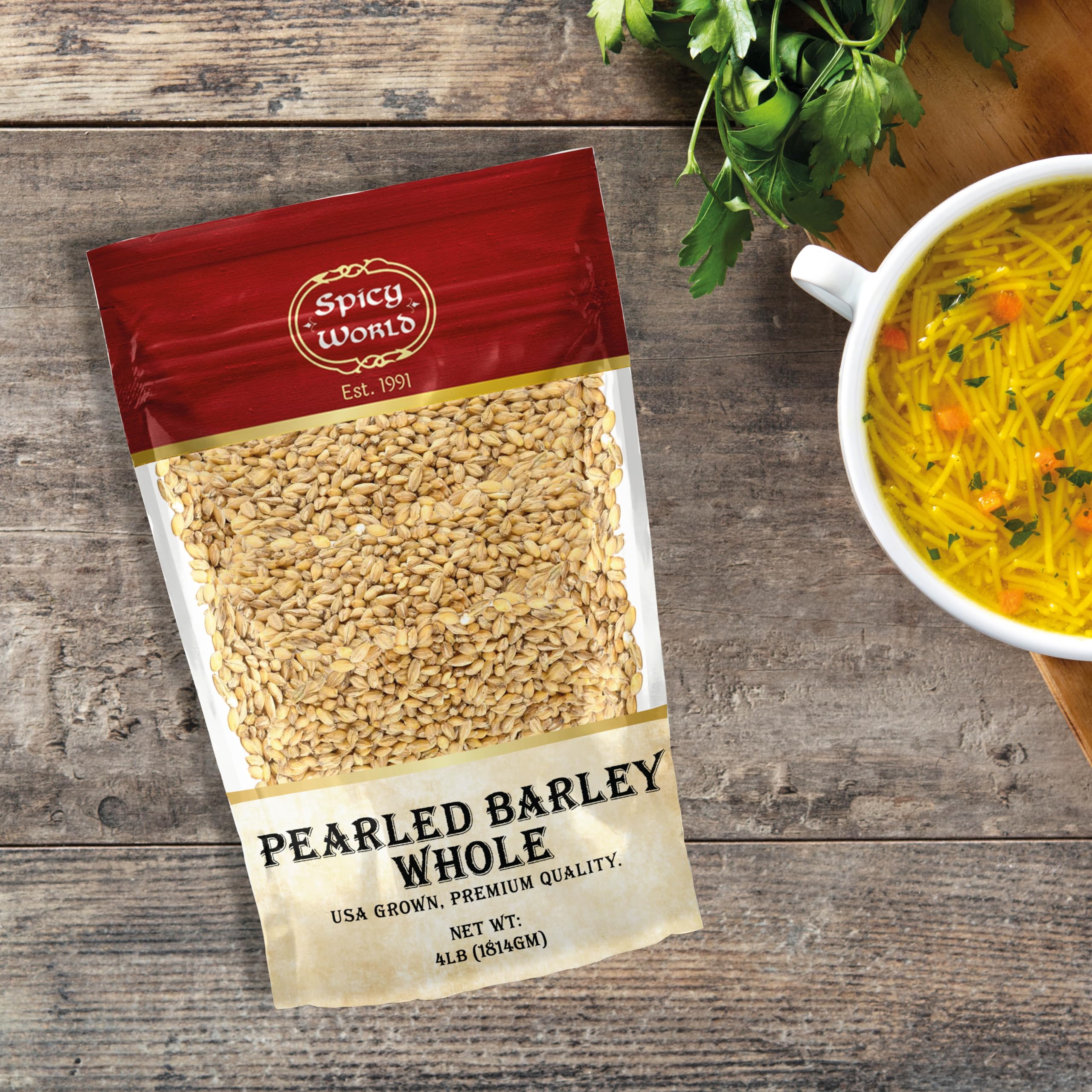Spicy World Pearl Barley sealed container emphasizes freshness and long shelf life.