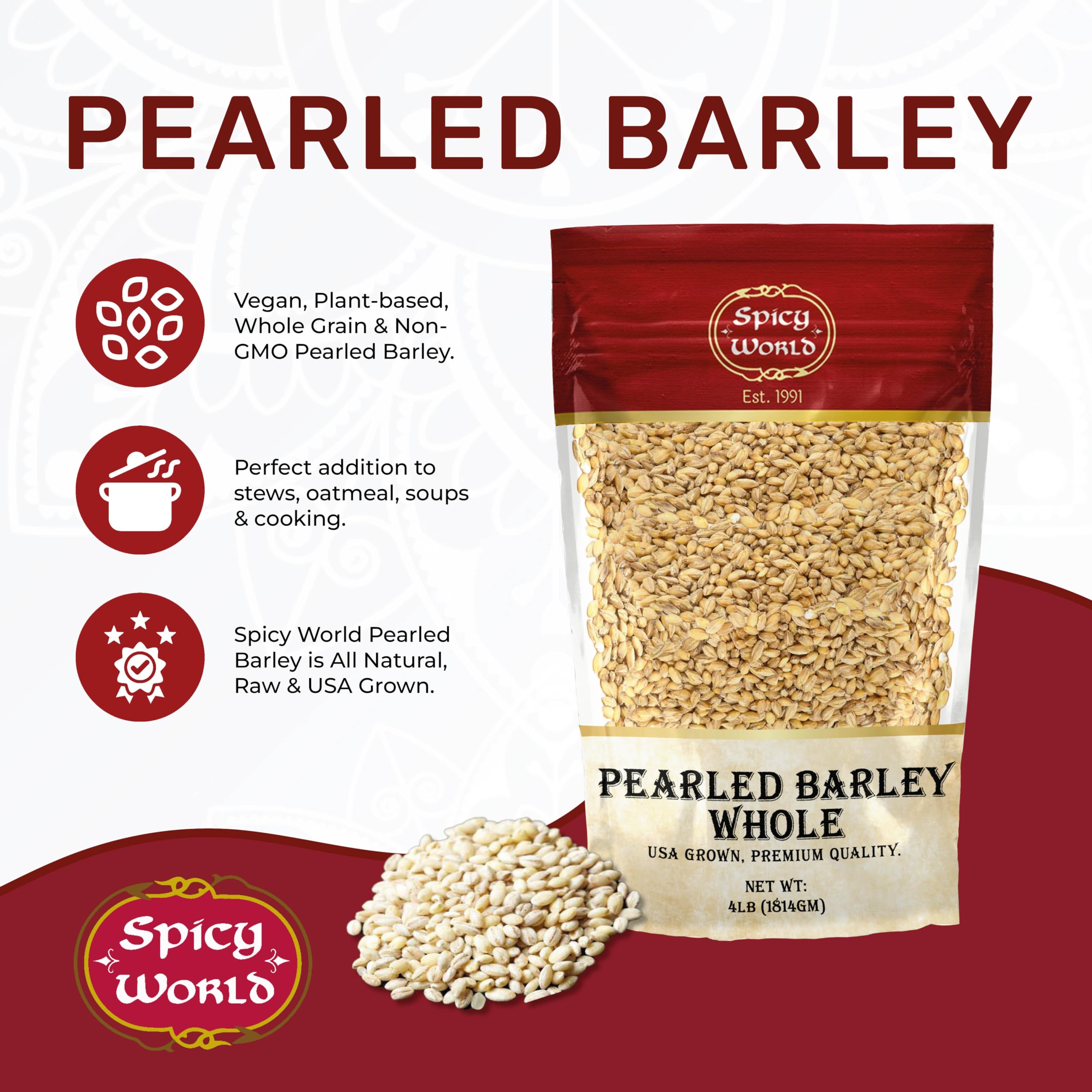 Spicy World Pearl Barley bulk packaging shows value for batch cooking.