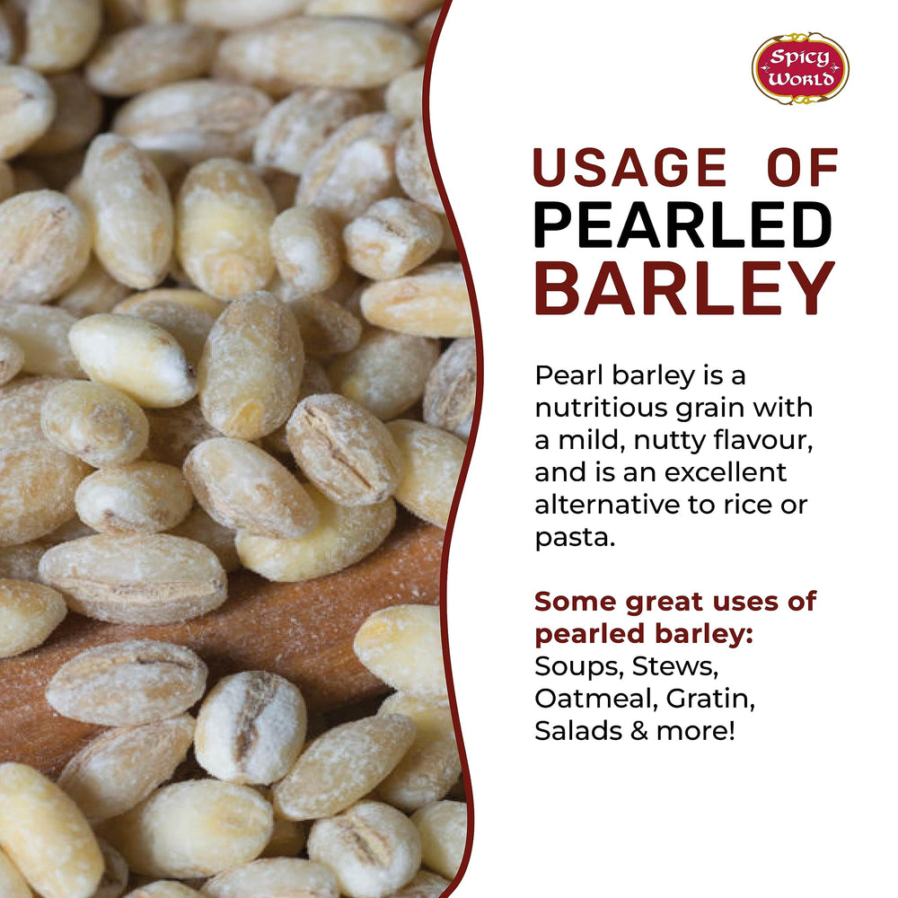 Spicy World Pearl Barley cooked pilaf serving shows chewy bite.