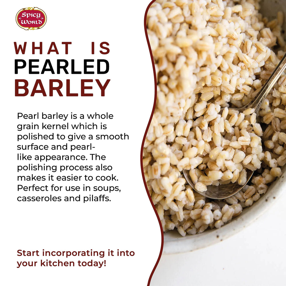 Spicy World Pearl Barley close-up texture reveals plump, ready-to-cook grains.