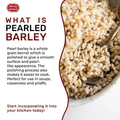 Spicy World Pearl Barley close-up texture reveals plump, ready-to-cook grains.
