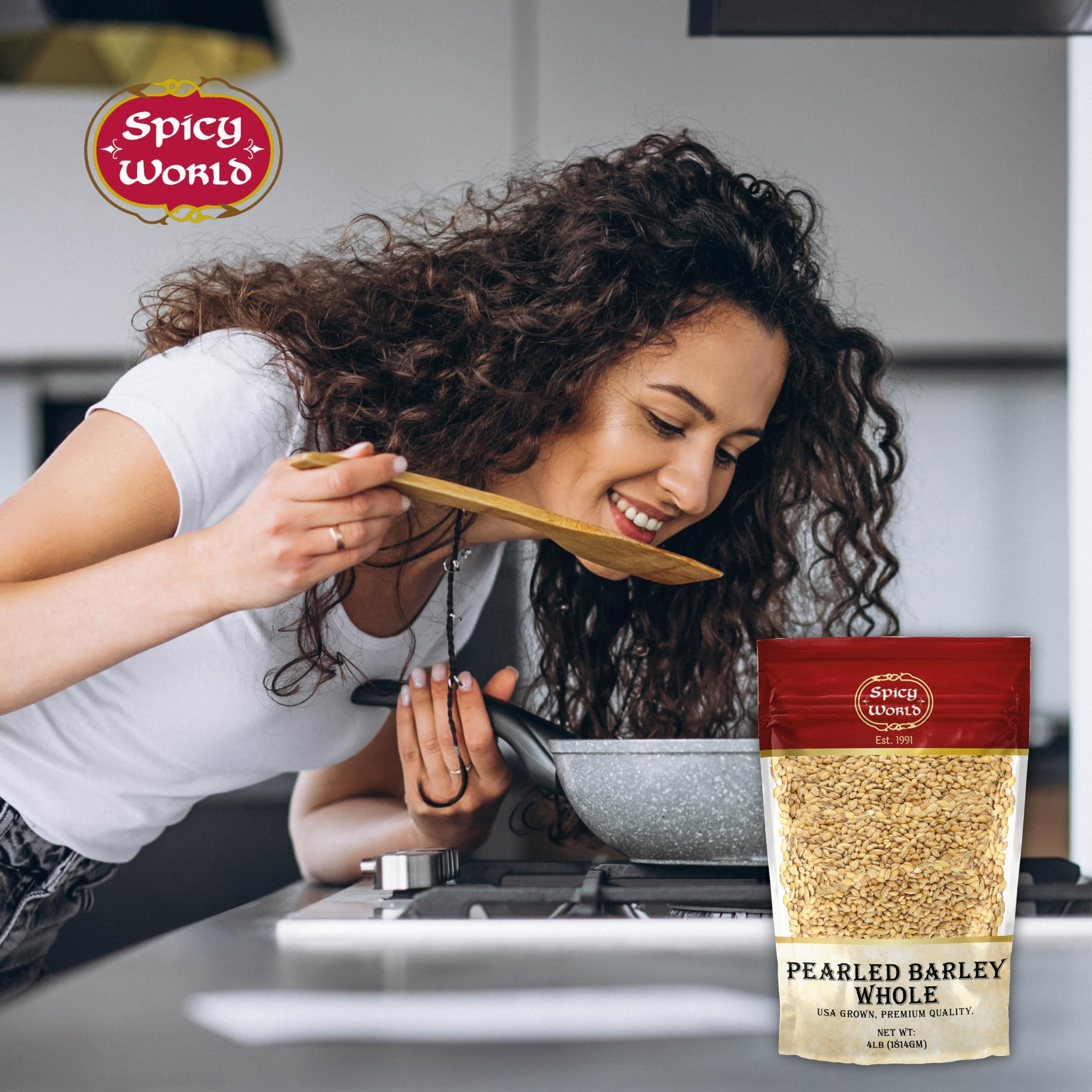 Spicy World Pearl Barley in soup bowl highlights hearty texture.