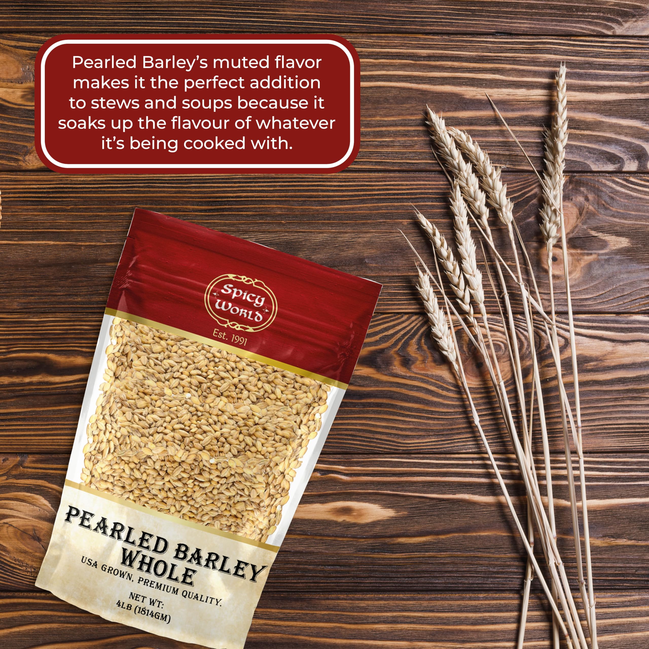 Spicy World Pearl Barley USA-grown label showcases domestic sourcing.